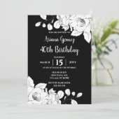 40e verjaardag Chic Modern Black and White Floral Kaart (Staand voorkant)