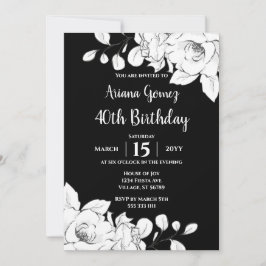 40e verjaardag Chic Modern Black and White Floral Kaart