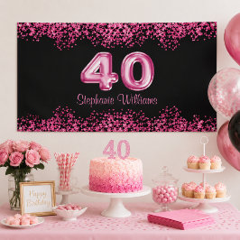 40e Verjaardag Chic Zwart Roze Nep Glitter Feest Spandoek
