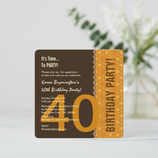 40e verjaardag chocolade en goud met kant V04B Kaart (Staand voorkant)