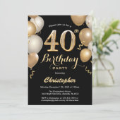 40e verjaardag Confetti zwarte en gouden ballonnen Kaart (Staand voorkant)