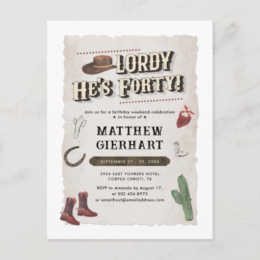 40e verjaardag Cowboy Rodeo Party Retro Uitnodiging Briefkaart (Voorkant)
