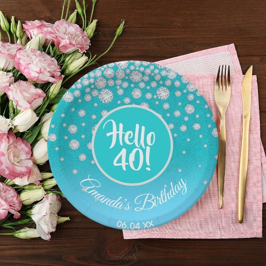 40e verjaardag diamant blauwgroen blauwe glitter papieren bordje