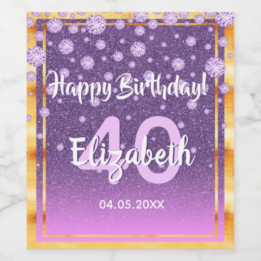 40e verjaardag diamant glitter paars roze wijn etiket (Enkel label)