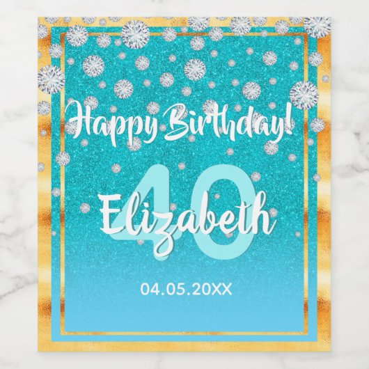 40e verjaardag diamanten glitter blauwgroen blauw wijn etiket (Enkel label)