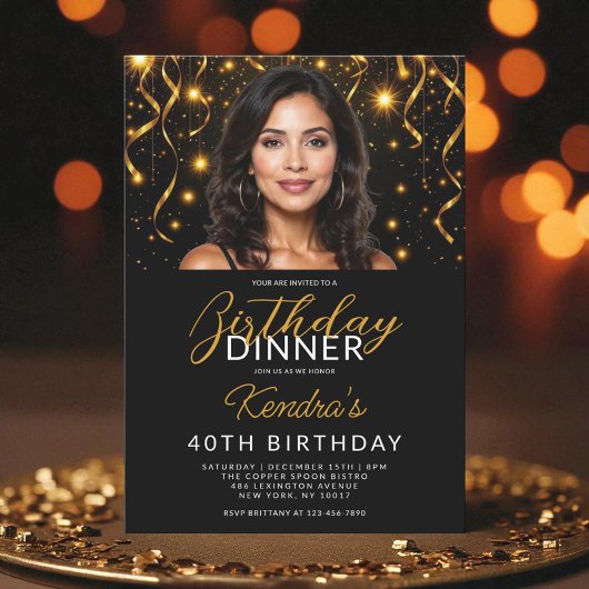 40e verjaardag Diner Goud en Zwart Foto Kaart