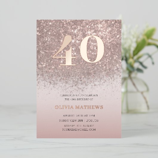 40e verjaardag echt Roos goud Folie Uitnodiging (Staand Voorkant)