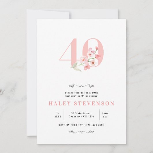 40e verjaardag Eenvoudig roze en witte afbeelding Kaart (Voorkant)