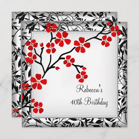 40e verjaardag Elegant Asian Red Flowers White Kaart (Voorkant / Achterkant)