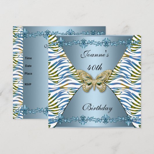 40e verjaardag Elegant Blue Animal Stripe Butterfl Kaart (Voorkant / Achterkant)