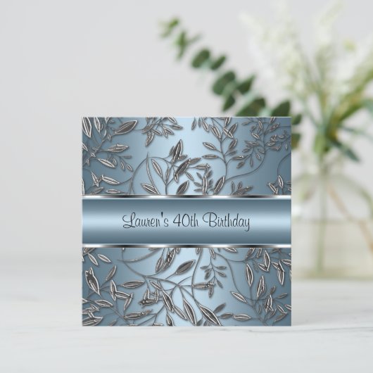 40e verjaardag Elegant Blue Silver Floral Kaart (Staand voorkant)