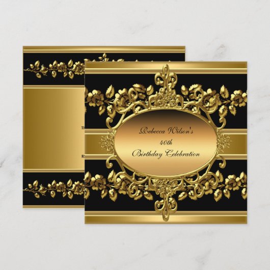 40e verjaardag Elegant Gold Black Floral Kaart (Voorkant / Achterkant)