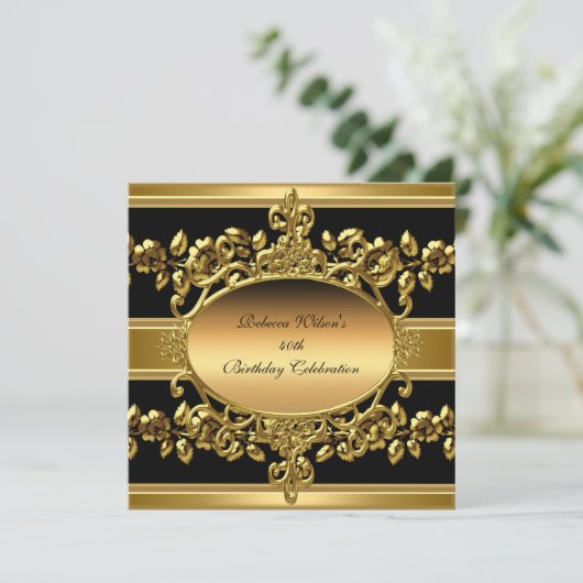 40e verjaardag Elegant Gold Black Floral Kaart (Staand voorkant)