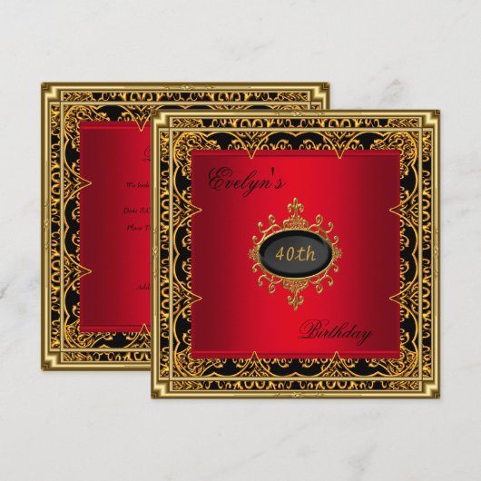 40e verjaardag Elegant Red Black Gold 2 Kaart (Voorkant / Achterkant)