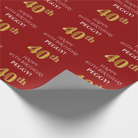 40e verjaardag: Elegant, rood, Faux Gold look Cadeaupapier (Hoek)