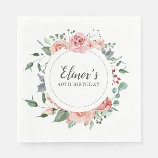40e verjaardag Elegante roze rozenbloem Servet (Voorkant)