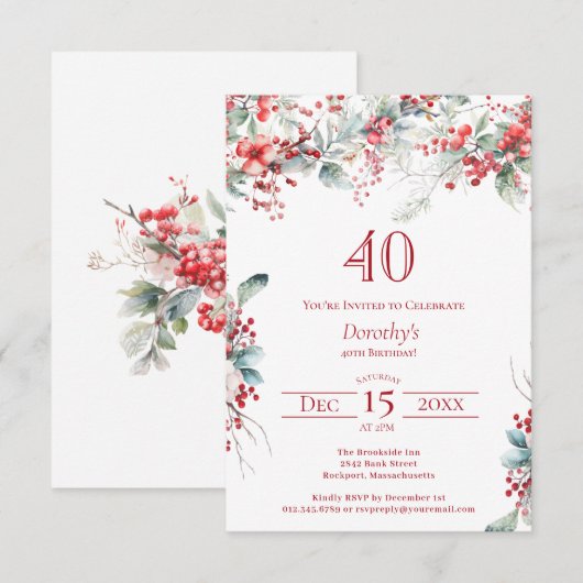 40e verjaardag Elegante Winter Berry Botanical Kaart (Voorkant / Achterkant)