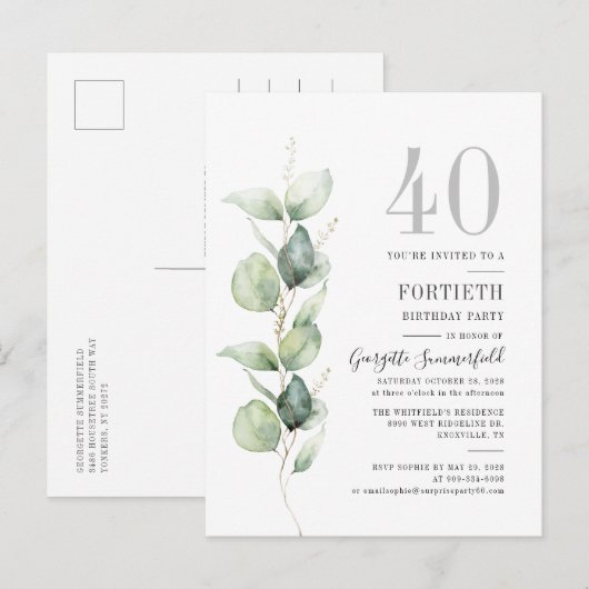 40e verjaardag Eucalyptus Botanische Partij Uitnodiging Briefkaart (Voorkant / Achterkant)