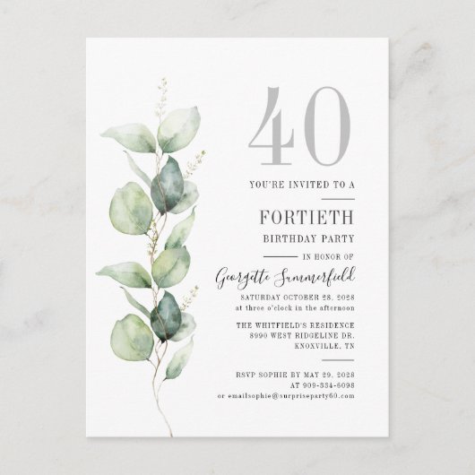 40e verjaardag Eucalyptus Botanische Partij Uitnodiging Briefkaart (Voorkant)