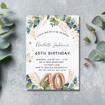 40e verjaardag eucalyptus greenery glitter elegant kaart<br><div class="desc">Voor een 40e verjaardagsfeestje. Een witte achtergrond met eucalyptusgroen en gouden bladeren. Golden faux glitter spots. Pas uw namen en trouwgegevens aan en voeg deze toe. Zwarte en gouden gekleurde letters. Nummer 40 wordt geschreven met ballonstijllettertype. Achterzijde: witte achtergrond en gouden faux glitter spots</div>