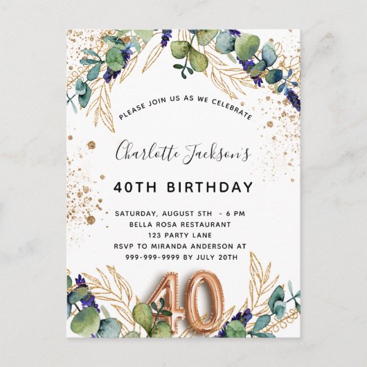 40e verjaardag eucalyptus greenery glitter elegant uitnodiging briefkaart (Voorkant)