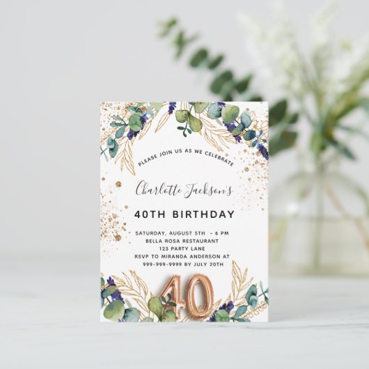 40e verjaardag eucalyptus greenery glitter elegant uitnodiging briefkaart (Staand voorkant)
