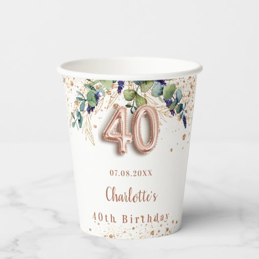 40e verjaardag eucalyptus greenery glitter name papieren bekers (Achterkant)