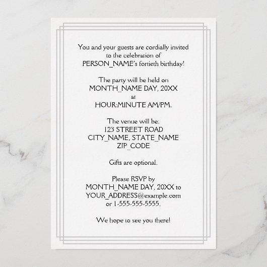 40e verjaardag — Fancy script en aangepaste naam Folie Uitnodiging (Achterkant)