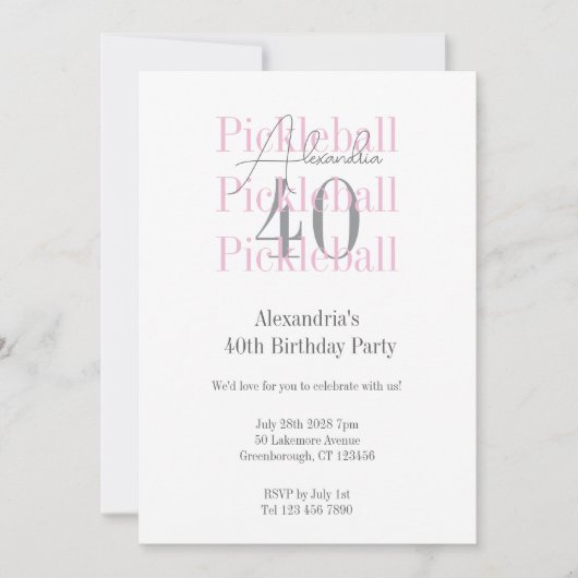 40e Verjaardag Feest Pickleball Roze Typografie Kaart (Voorkant)