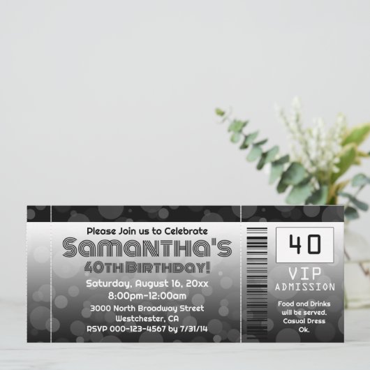40e verjaardag feestuitnodiging, zwart ticket kaart (Staand voorkant)