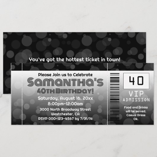 40e verjaardag feestuitnodiging, zwart ticket kaart (Voorkant / Achterkant)