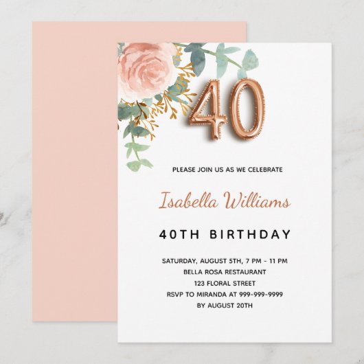 40e verjaardag floraal roos goud eucalyptus greene kaart (Voorkant / Achterkant)