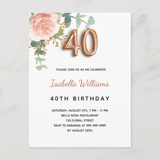 40e verjaardag floraal roos goud eucalyptus greene uitnodiging briefkaart (Voorkant)