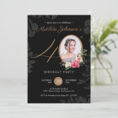 40e verjaardag Floral Black Gold Classy Foto Kaart (Staand voorkant)