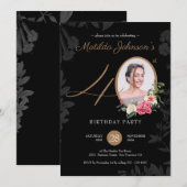 40e verjaardag Floral Black Gold Classy Foto Kaart (Voorkant / Achterkant)