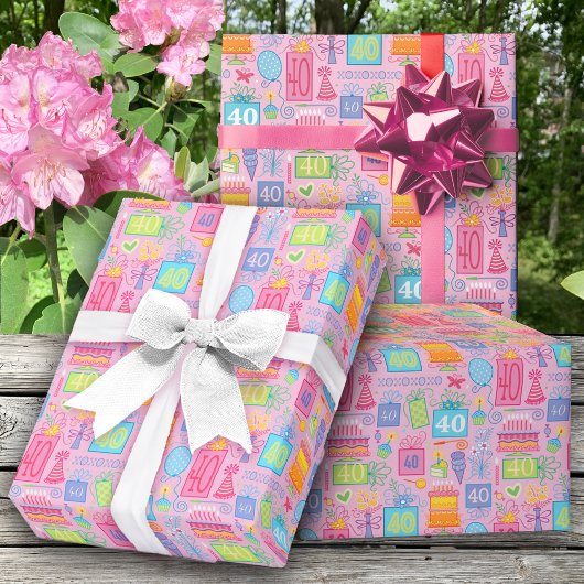 40e Verjaardag Floral Cake Balloons Pet Cadeaus Cadeaupapier