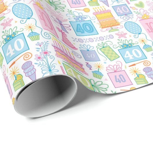 40e Verjaardag Floral Cake Balloons Pet Cadeaus Cadeaupapier (Rol Hoek)