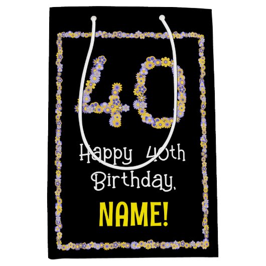 40e verjaardag: Floral Flowers Number, Custom Name Medium Cadeauzakje (Voorkant)