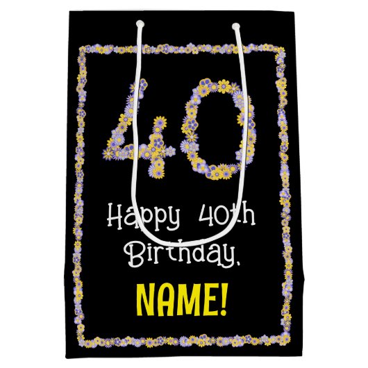 40e verjaardag: Floral Flowers Number, Custom Name Medium Cadeauzakje (Achterkant)