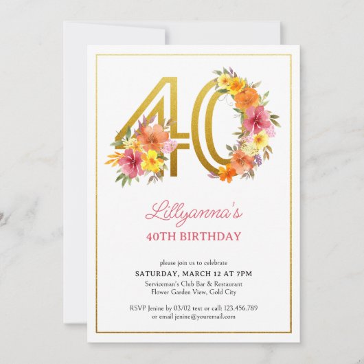 40e verjaardag  Floral Gold Number 40 Kaart (Voorkant)