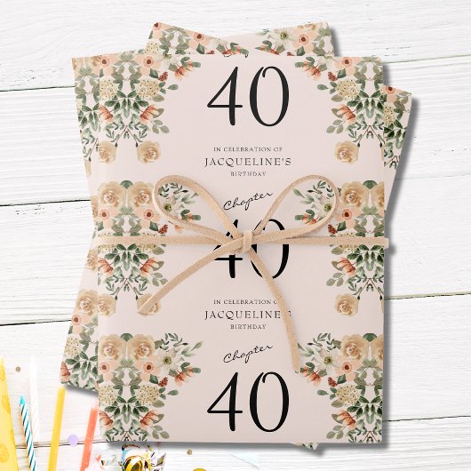 40e  verjaardag Floral Inpakpapier Vel