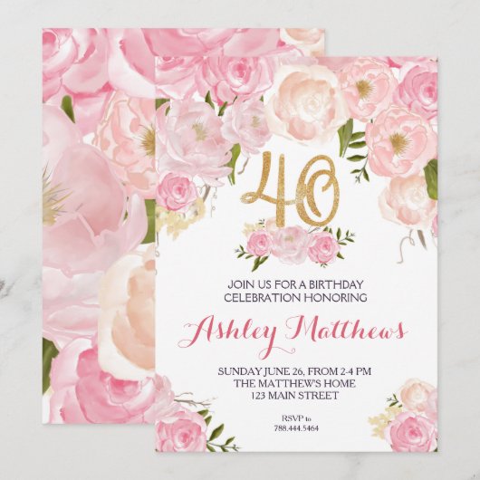 40e verjaardag Floral Invitation, Kaart (Voorkant / Achterkant)