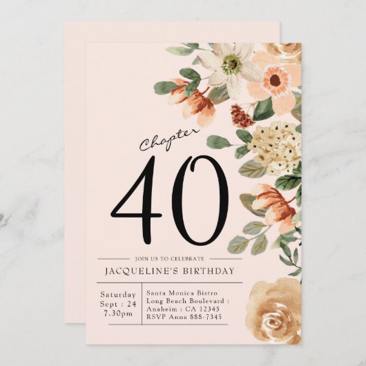 40e  verjaardag Floral Kaart (Voorkant / Achterkant)