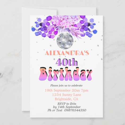40e verjaardag Floral Paars Disco Ball Kaart (Voorkant)