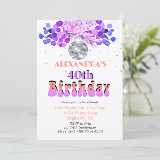 40e verjaardag Floral Paars Disco Ball Kaart (Staand voorkant)