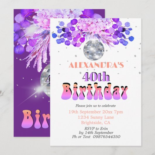 40e verjaardag Floral Paars Disco Ball Kaart (Voorkant / Achterkant)