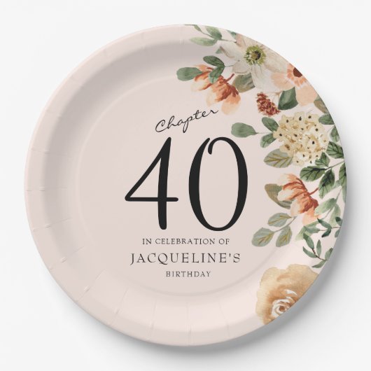 40e  verjaardag Floral Papieren Bordje (Voorkant)