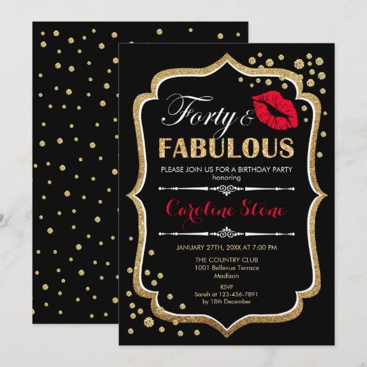 40e verjaardag - Forty Fabulous Gold Zwart Rood Kaart (Voorkant / Achterkant)