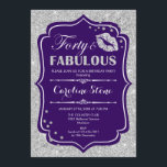 40e verjaardag - Forty Fabulous Paarse Silver Kaart<br><div class="desc">40e verjaardag uitnodiging. Elegant paarse wit design met faux glitter zilver. Beschikt over lippen kus,  confetti en script lettertype. Perfect voor een elegant verjaardagsfeestje. Dertig Fabulous! Stuur me een bericht als je verder moet worden aangepast.</div>