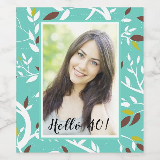 40e verjaardag foto blauwgroen botanisch patroon wijn etiket (Enkel label)